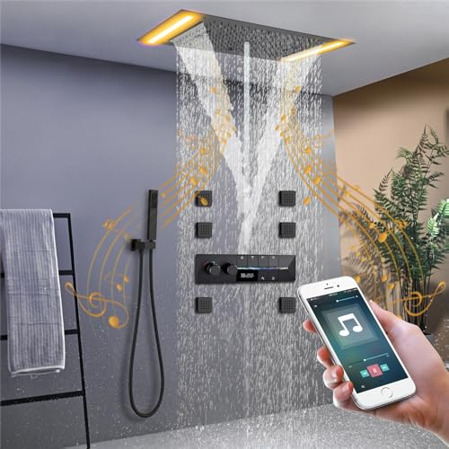 Billg Colonna Doccia Idromassaggio, 64 Colori RGB LED Musica Colonna Doccia a Incasso, Montaggio a Soffitto Set Doccia, 6PCS Getti Idromassaggio, Display a della Temperatura
