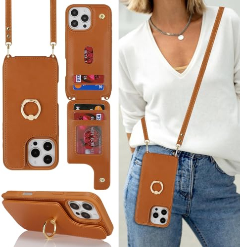 Cavor Phone Case Compatible with iPhone 16 Pro Case With Card Holder With Strap,Flip Leather Wallet Case with Lanyard,Ring Kickstand Shockproof Cover Case for iPhone 16 Pro - Brown