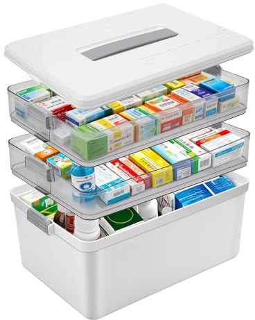 JIVIMOCO 3-Tier Medikamenten Aufbewahrung.34 * 24.5 * 22cm, Extra Große Kapazität Medikamentenbox mit Tragbarer, Hausapotheke Box Groß,Multifunktions Medizin Organizer