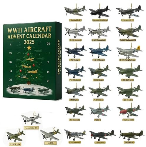 Flugzeug-Adventskalender, 24-tägiger Weihnachts-Countdown-Kalender mit 24 einzigartigen Mini-Warbirds, Fighter-Countdown-Überraschungsgeschenke für Modellsammler, Luftfahrtliebhaber (A)