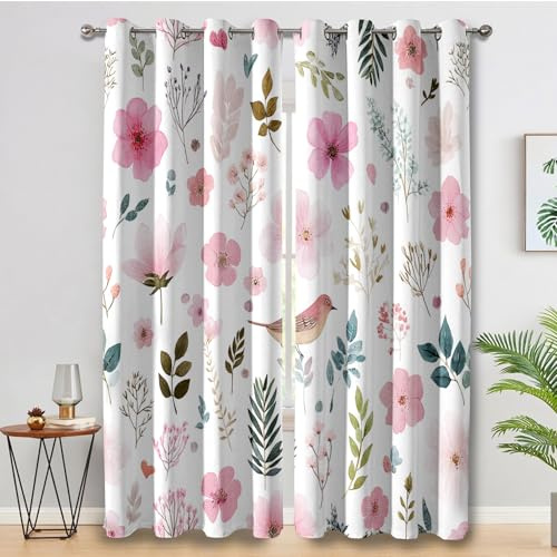Generisch Vorhänge Blumenvögel, Vorhang Blickdicht Aquarell Blumen für Schlafzimmer, Verdunklungsvorhänge mit Ösen, Gardinen Wohnzimmer Deko, H137 X B117 cm, 2er Set X&-86
