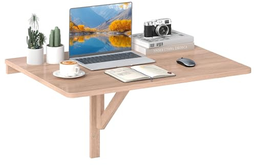 COSTWAY Wall-mounted Drop-leaf Table, Folding Floating Laptop Desk, Space Saving Hanging Table for Study, Bedroom, Bathroom, or Balcony, 80x60CM (Wood)