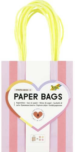 Folia 21226/8 - Paper Bags Stripes NEON S, 8 Papiertüten aus 110 g/m² FSC-Mix Papier in 4 Farben, ca. 12 x 15 x 5,5 cm, zum Basteln, Verzieren und Verschenken