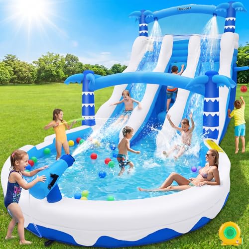 Hüpfburg XXL mit 2 Wasserrutsche für Gewerblichen Erwachsene & Kinder, Aufblasbare Bouncy Castle für Indoor Outdoor mit Gebläse Größe Pool Rutsche Korb Sprinkleranlage und Kletterwand, 630x290x285 cm
