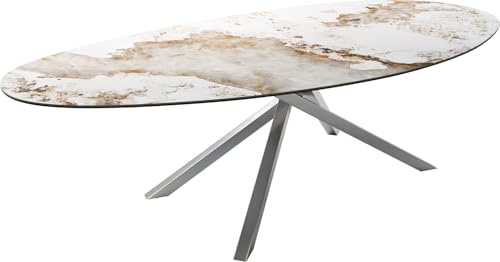 DELIFE Outdoortisch Edge Oval 280x130 cm Keramik Minas Melange Weiß-Beige Kreuzgestell Rechteck Edelstahl