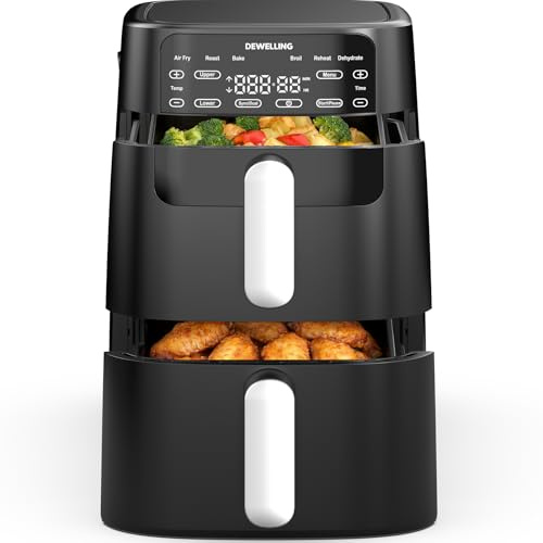Dewelling Airfryer - Friggitrice ad aria calda da 10 l, 2700 W, 2 camere, XXL con doppia camera verticale, funzioni 6 in 1, max 230 °C, risparmio del 50% di spazio, libro di ricette