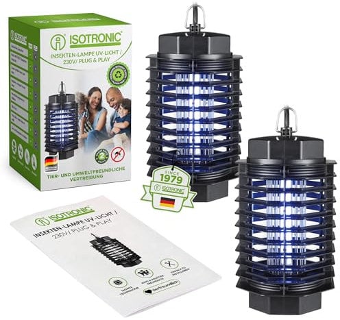 ISOTRONIC Elektrischer Insektenvernichter erlegt Mücken, Fliegen, Motten & andere Fluginsekten zuverlässig – Mückenlampe mit 500 V für den Innenbereich geeignet – Wirkungsbereich von 50m² (2 Stück)