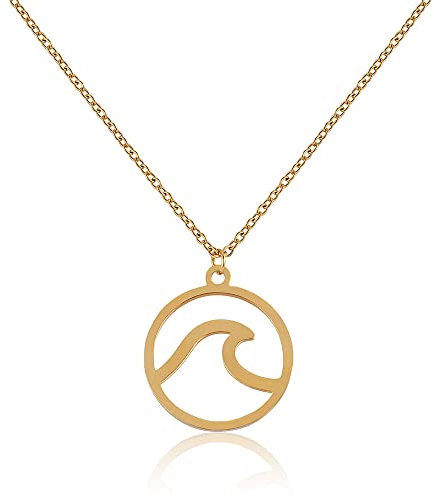 GD GOOD.designs Damen Halskette mit rundem Wellenanhänger (45cm lang) Wave Schmuck Strandschmuck Badeschmuck Gold goldene goldfarben Damenhalskette Damenkette Damenschmuck