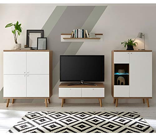 TV-Wohnwand in weiß matt mit Eiche Riviera Nb. inkl. LED-Beleuchtung