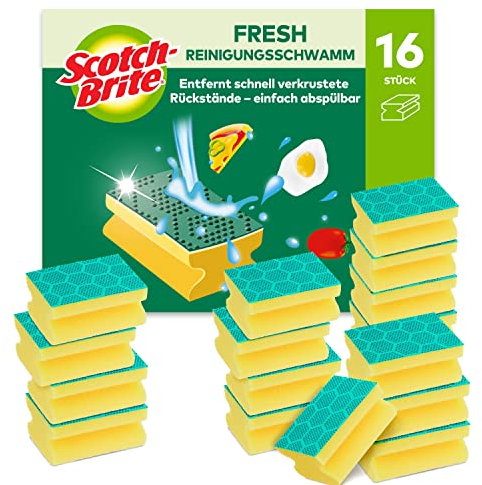 Scotch-Brite Spugna Abrasiva Fresh, Salvadita, 16 Pezzi per Confezione - Efficace nel Lavare i Piatti Senza Trattenere i Residui di Cibo