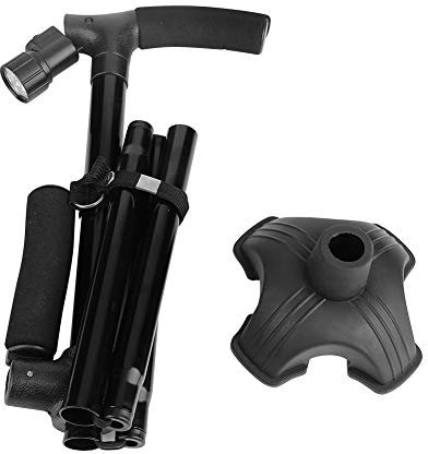 Griff Klappstock, Selbststehender Gehstock 5 Höhenverstellbarer Aluminiumlegierung Tragbarer Einziehbarer Gehstock Kissengriff mit LED-Licht für Männer Frauen das Alte Schwarz 33,5-37,4 Zoll