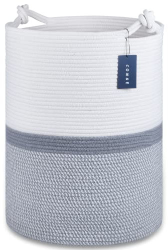 COMSE Extra Large Blanket Basket, Tall Woven Storage Basket, Nursery Hamper, 40 x 55 CM, Cotton Rope Laundry Hamper for Toys Clothes Towels, Blend White/Gray
