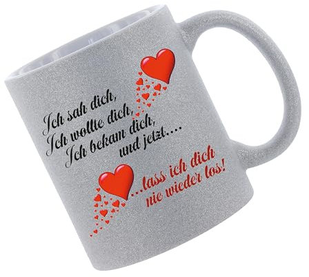 Glitzertasse (Silber) Ich sah sich, ich wollte dich, ich - Kaffeetasse, bedruckte Tasse mit Sprüchen oder Bildern, Bürotasse,