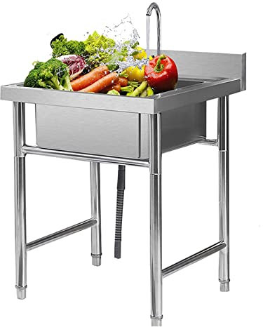 ZWLI spülbecken Gastro Edelstahl 50cm,60cm Ausgussbecken Outdoorküche Bodenstehende Waschbecken spüle freistehend mit Backsplash, kein Lead -Wasserhahn für Gewerbliche,Camping, Garten