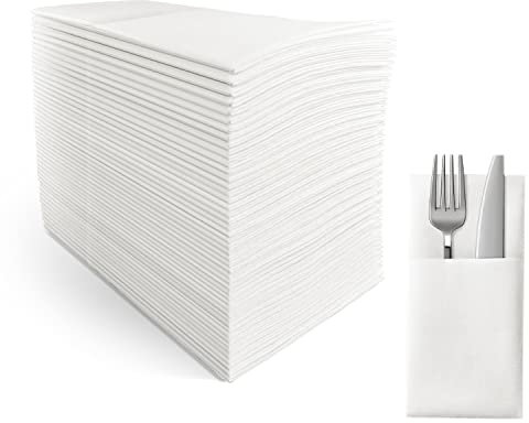 Einweg-Stoffservietten,integrierte Bestecktasche,Hochzeitsparty,servietten stoffähnlich,weiße Serviette, vorgefaltet für Besteck40×40cm, 50-Stück