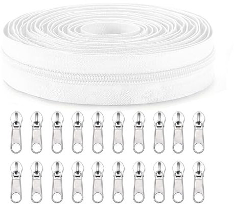 Sawoake - Cerniera al metro, 9,1 m, n. 3, 20 cursori, colore bianco, per fai da te, cucito, artigianato, borse, vestiti, tessuti per la casa