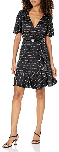 KARL LAGERFELD Damen Soft Script Logo Kurzarm, weiche Wickeldetail und klassischem Gürtel Lässiges Kleid, Schwarz, Weiß, SFT, 36