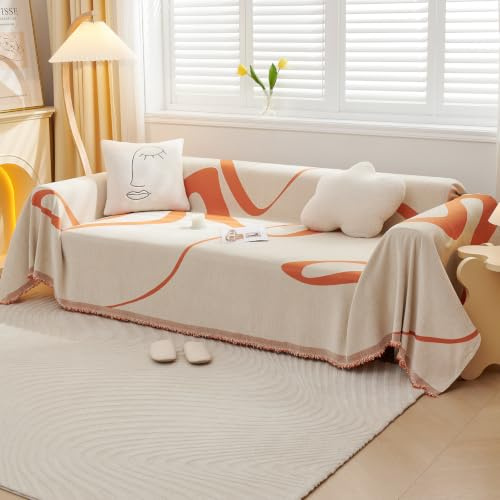 VanderHOME Sofaüberzug Sofa Handtuch Dekoration All-Season Universal Gewebte Quaste Überwurf Sofa Abstrakte Geometrische Linien Multifunktionale weiche Decke Sofakissen Handtuch 180 * 130cm Orange