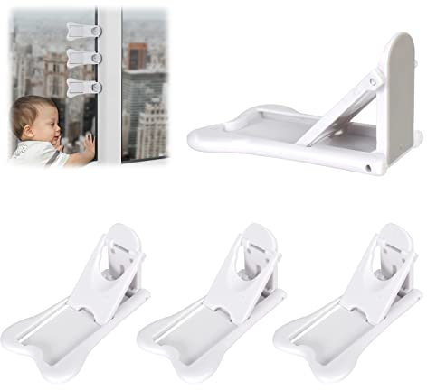 4 Stk Kinder Schiebetür Sperren, Kindersicherung für Fenster, Kindersicherung Schrank, Sicherheitsschloss Starker Kleber ohne Bohren, Baby-Sicherheitsschloss für Fenster Schranktür Schiebtür, Weiß