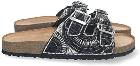 shoes&blues.es 74522 Sandalia Plana de Mujer, Comoda, Estilo Bio, con Strass en la Pala, y Doble Hebilla Negro Talla 39
