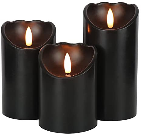 Eldnacele Black Flickering LED Candles with Timer, 3D Wick Real Wax Battery Operated Flameless Pillar Candles Set of 3 for Home Party Halloween Christmas Decoration
