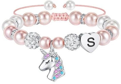 TINGN Unicorn Gifts for Girls Bracelet, Pearl Rhinestone Balls Initial S Heart Bracelet for Girls Jewelry Rainbow CZ Unicorns Bracelets for Girl Kids Birthday Presents Unicorn Gifts for Girl