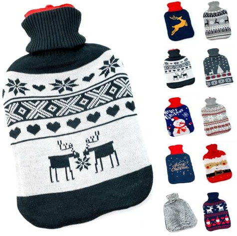 heimtexland ® Wärmflasche mit Soft Strick Bezug waschbar Motiv Geschenk Weihnachten Fell Norweger Wärmkissen Wärmeflasche 1,6 ltr Typ857 Norweger Schwarz