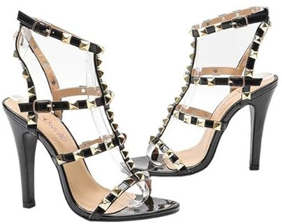 Gizelle® Womens High Heel Sandals Studded Rivet Buckle Ankle Strappy Stiletto Shoes – Ladies Open Toe Office Party Heeled Sandal Black Patent, 7