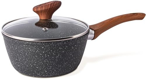 nuovva Non Stick Saucepan with Lid – Induction Small Saucepan – Marble Saute Pan – Small Cooking Pot for Electric, Gas & Induction Hobs – Soup Pan - 18cm
