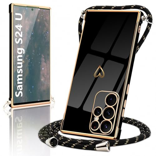 Micoden Funda con Cuerda para Samsung Galaxy S24 Ultra 5G Carcasa TPU de Silicona con Collar con diseño de corazón de Amor, Funda con Cordón para Samsung Galaxy S24 Ultra 5G,Negro