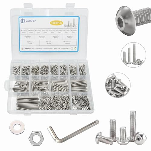 WZHUIDA 1080 Stück M3 Schrauben Muttern und Unterlegscheiben Sortiment Set, 6mm-50mm, Edelstahl Linsenkopfschrauben mit Innensechskant Schrauben Muttern Set mit Schraubenschlüsseln