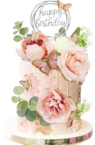 LACGO 19PCS Pink Flowers Cake Toppers, Butterfly Cake Decoration, Happy Birthday Cake Decorations with Artificial Floral Eucalyptus for Birthday Party Wedding Baby Shower