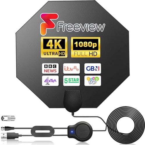 2025 Upraded Indoor TV Aerial - Amplified TV Aerials Indoor with Strong Signal Booster, Freeview Aerial for Smart TVs, Easy-to-setup Digital Antenna Supports DVB-T2/4K/1080P with 16.4ft Coaxial Cable