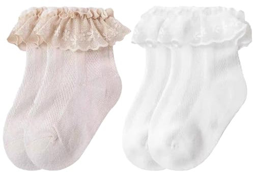 AFCJLTO Pack de 2 pares Calcetines de Encaje para Bebés con Volantes ，bautizo calcetines niña, calcetines recien nacido,Ideal para Recién Nacidos Niñas