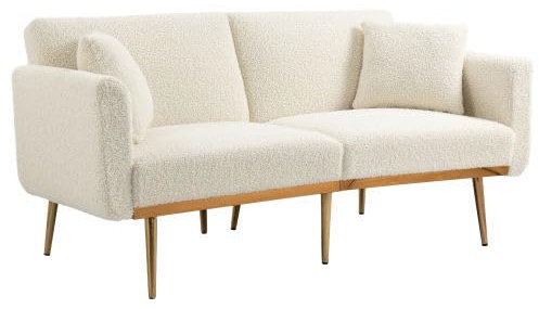 AUJDKDH Velvet 3-Seater Design Sofa, Convertible 3-Adjustable Sofa Bed, Metal Leg Support, Living Room, Bedroom or small Space, Comfortable for Sitting or Sleeping (White + Teddy)