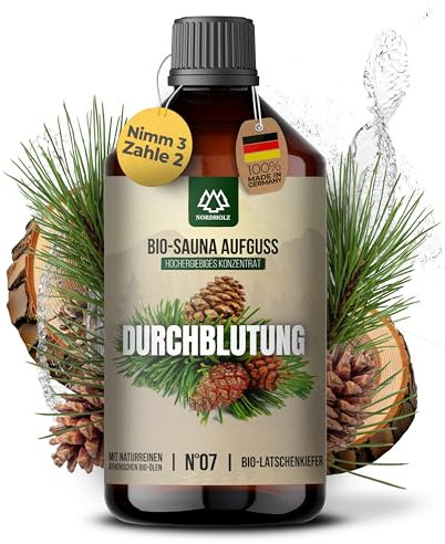 NORDHOLZ® Saunaaufguss BIO [NATURREINE ÄTHERISCHE BIO-ÖLE] Sauna Aufgussmittel #7 Durchblutung 250ml Latschenkiefer - Sauna Aufguss aus Franken