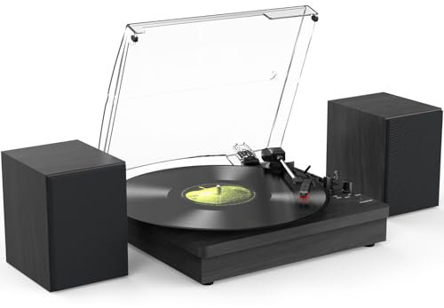 Giradischi in vinile con due altoparlanti stereo, giradischi Bluetooth con ingresso AUX a 3 velocità per cuffie e uscita RCA, nero retrò