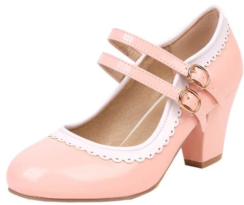 HSyc JRX Damen Lack Mary Jane Blockabsatz High Heels Pumps mit Spitze Elegant Schuhe 42.5