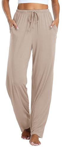 Vlazom Damen Schlafanzughose Modal Lang Weich Loungehose Freizeithose Yogahose Nachtwäsche Hosen mit Taschen Pyjamahose mit geradem Beinil(S,Nude)