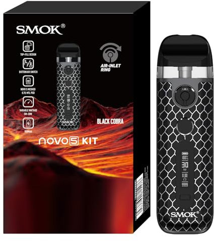 Kit Vape SMOK NOVO 5 900mAh 30W Mesh MTL 0,7Ω 2ml Riempimento dall'Alto Flusso d'Aria Regolabile Type-C Compatto e a Prova di Perdite Sigaretta Elettronica MTL Senza Nicotina Cobra Negra