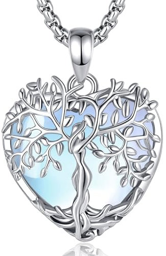 AEONSLOVE Collier Arbre de Vie Femme avec Pierre de Lune Pendentif Arbre de Vie Coeur Pendentif en Cristal Collier Pierre de Lune Bijoux Cristaux de Guérison Naturels Cadeau Fete des Meres