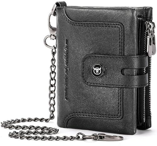 AdirMi Portefeuille à Deux Volets en Cuir Véritable pour Homme avec Chaîne, Blocage RFID, Grande Capacité, Fenêtre D'identité, Étui pour Carte,Black