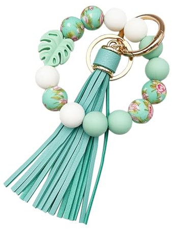 Silicone Bead Keychain Bracelet, Beaded Keyring Wristlet for Women Girls House Car Keys with Leather Tassel Monstera Charm, Mint Green, S