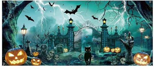 Halloween Garage Door Banner 16x7 Fuß Halloween Kulisse mit Haken und Seil, Horror Friedhof Halloween Garagentor -Abdeckung für Halloween -Foto -Hintergrund, Wandtürdekoration, Halloween -Banner
