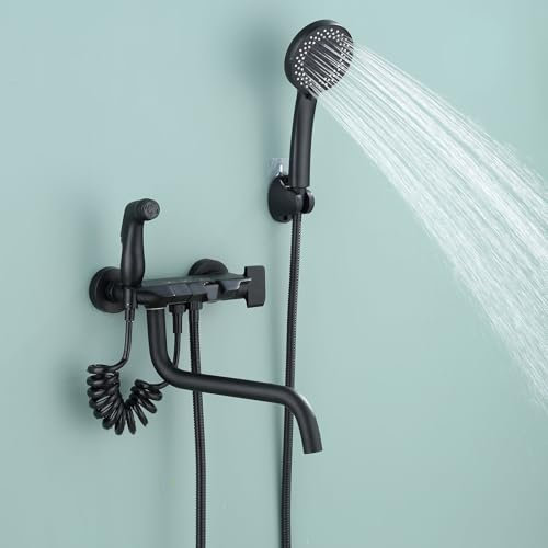 Yalsfowe Robinet de baignoire avec douchette, touches de piano mitigeur de baignoire noir mural, douche de bidet, bec long pivotant à 360 °, robinet mitigeur de bain laiton