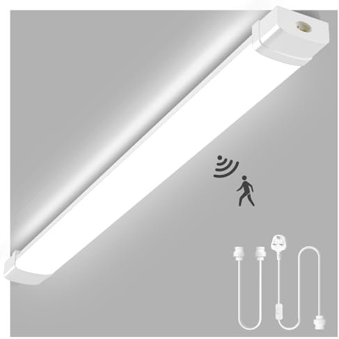 4FT LED Batten Light with Motion Sensor & UK Plug,40W 4000LM Linkable LED Tube Light,6500K Daylight WhiteLED Strip Light,IP66 Waterproof LED Fluorescent Light for Kitchen,Living