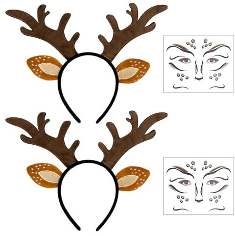 EUPSIIU 2 Pièces Cerceau Bandeau Bois Renne + 2 Pièces Tatouage Visage Renne, Serre Tête de Bois, Bandeau de Noël, Renne Antlers Bandeaux, pour Halloween, Pâques,Costume Carnaval Déguisement (Brun)
