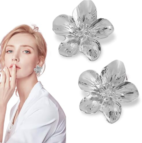 SIVZUMO 1 Paar Großer Blumen Ohrringe Silber, Blume Tropfen Ohrringe Boho Statement Flower Earrings Silber Hypoallergene Modeschmuck für Damen