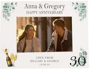 Personalised White Wooden Photo Frame, 30th Wedding Anniversary, Leaf and Champagne Design, Gift, Present