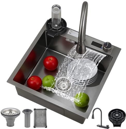 Coubird Fregadero de cocina multifuncional, moderno e inteligente de acero inoxidable, fregadero de cocina individual, adecuado para cocina, restaurante (gris oscuro, 50 x 50 cm)